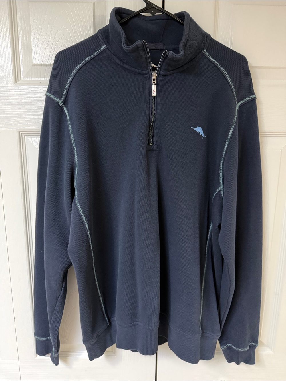 Tommy Bahama Navy Quarter-Zip Sweater with Light Blue Dolphin Logo